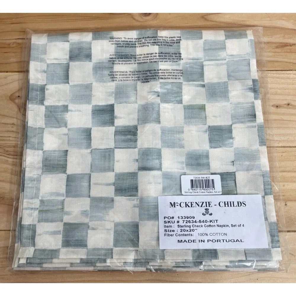 MacKenzie Childs Sterling Check Cotton Napkins 20x20 Gray Ivory Set of 4 New